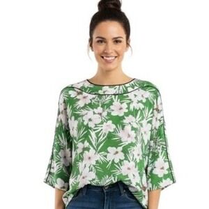 Pari Passu Blouse Womens 6 Green Floral Print Kimono Sleeve Tunic Zip Back Luxe